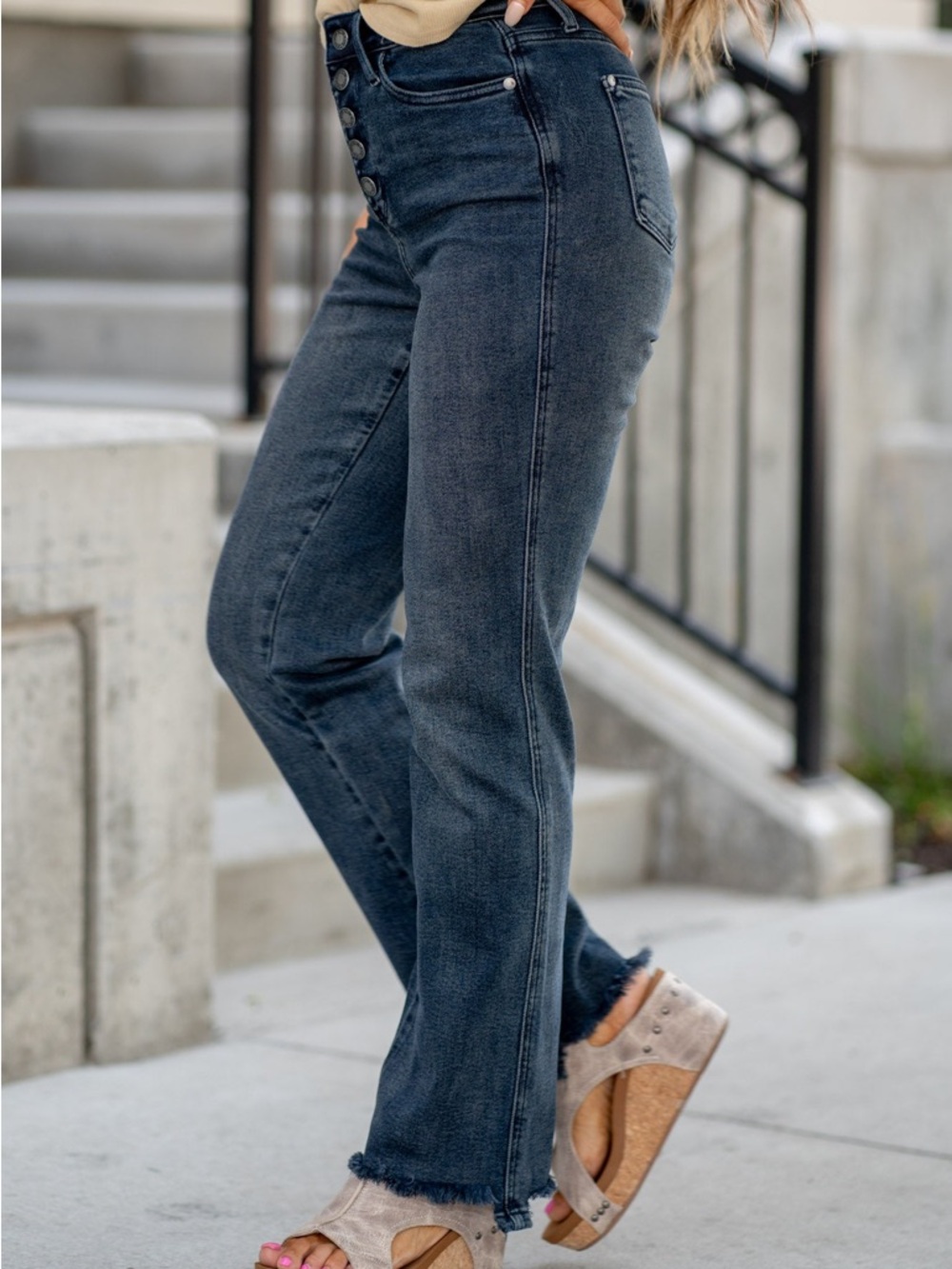 Judy Blue 4-way Stretch High Rise Button Fly Destroy Hem Straight Jeans - Picture 6 of 16